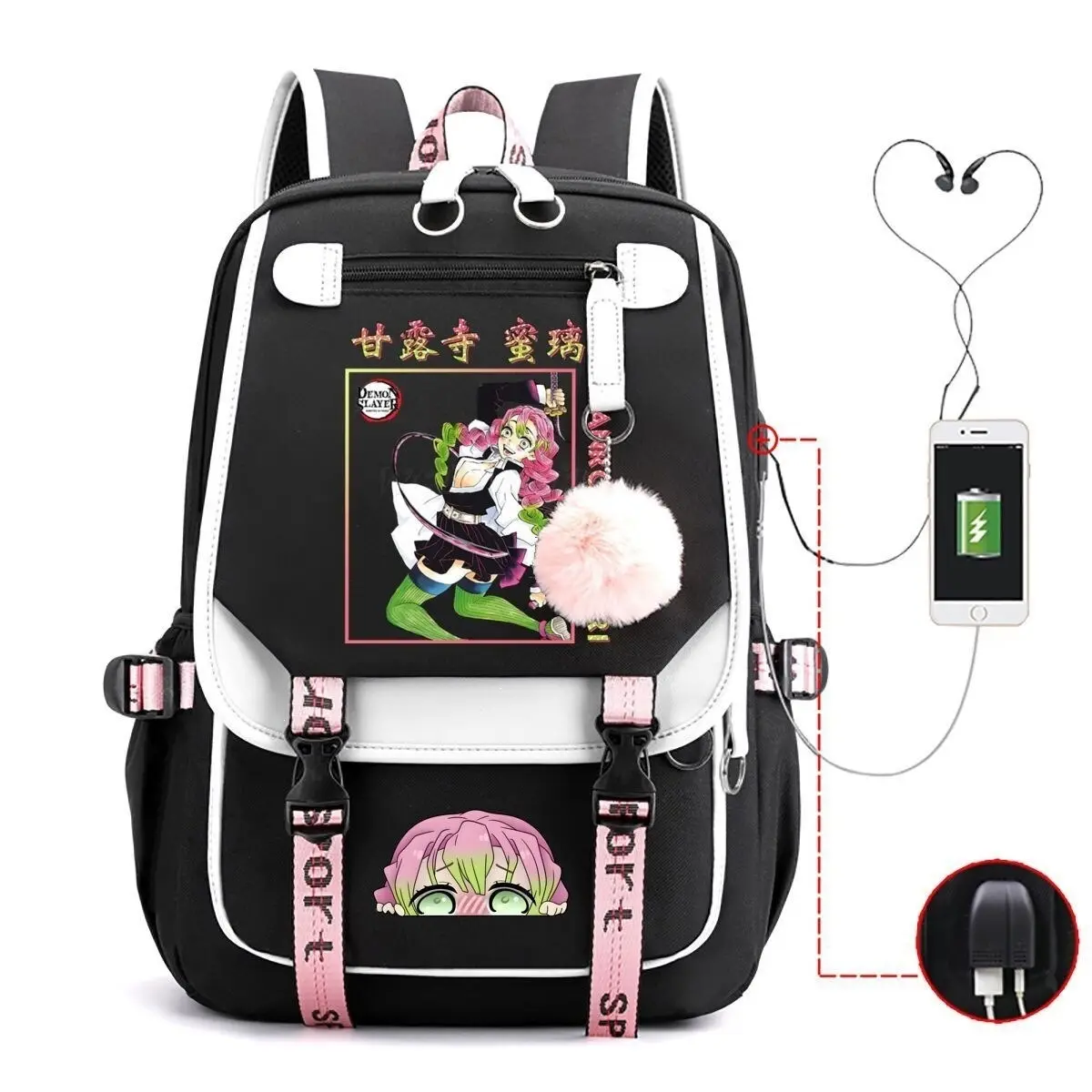 Demon Slayer: Kimetsu no Yaiba Mitsuri & Shinobu Character Art Backpack - Lightweight, Large-Cap Unisex Bag for School Use