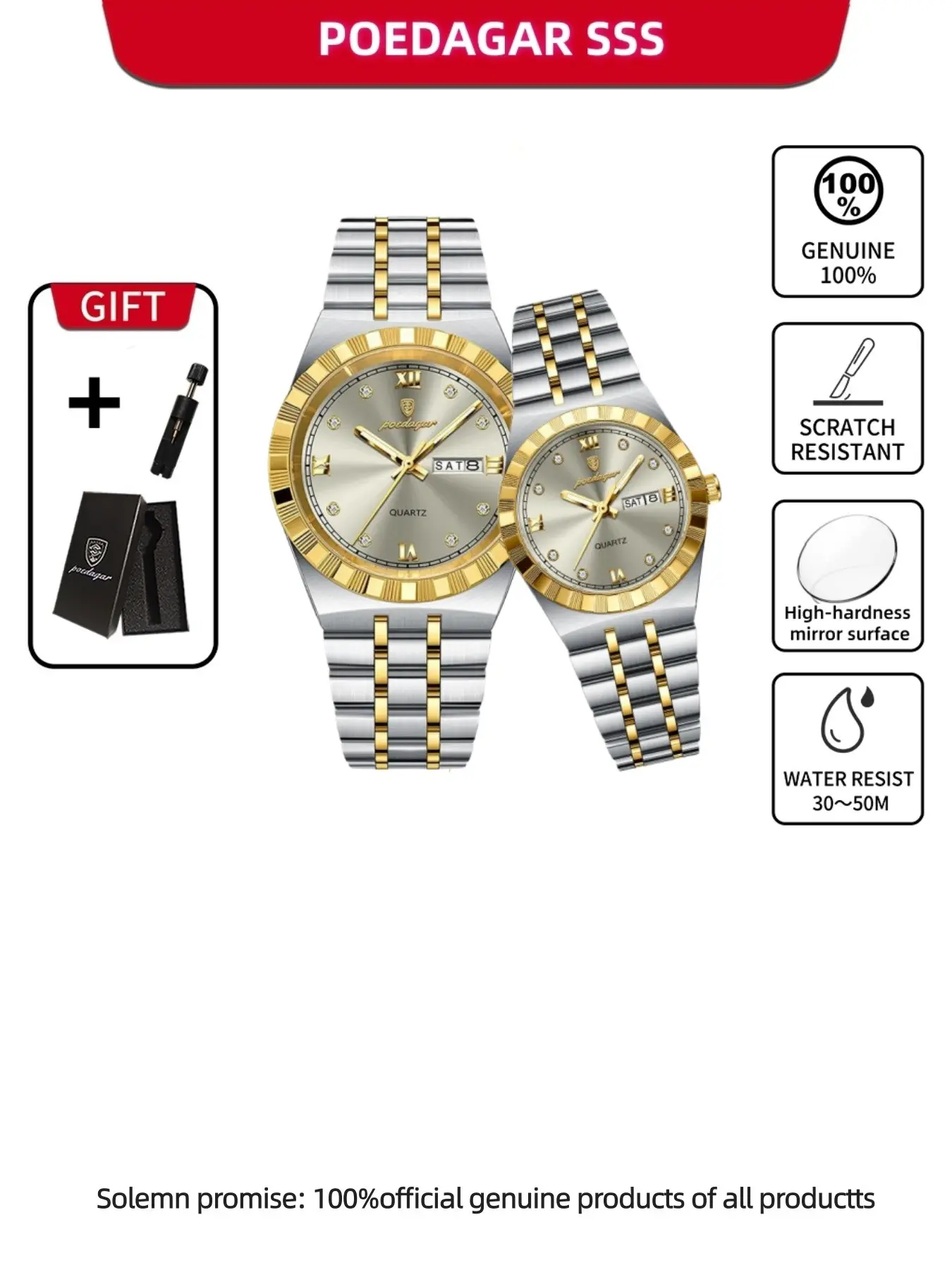 Poedagar couple's set analog quartz watch for men and women waterproof luminous stainless steel watch, lover's watch, suitable for gift giving