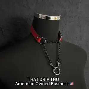 ThatDripTho Punk Goth Style Layered Chain Red Leather Necklace Choker with Rings for Men & Women, Fashion Jewelry for Party, Daily Wear, Durable Chains with Adjustable Chain Design, Gothic-Inspired Accessories for Birthday Gifts,Valentines Gifts