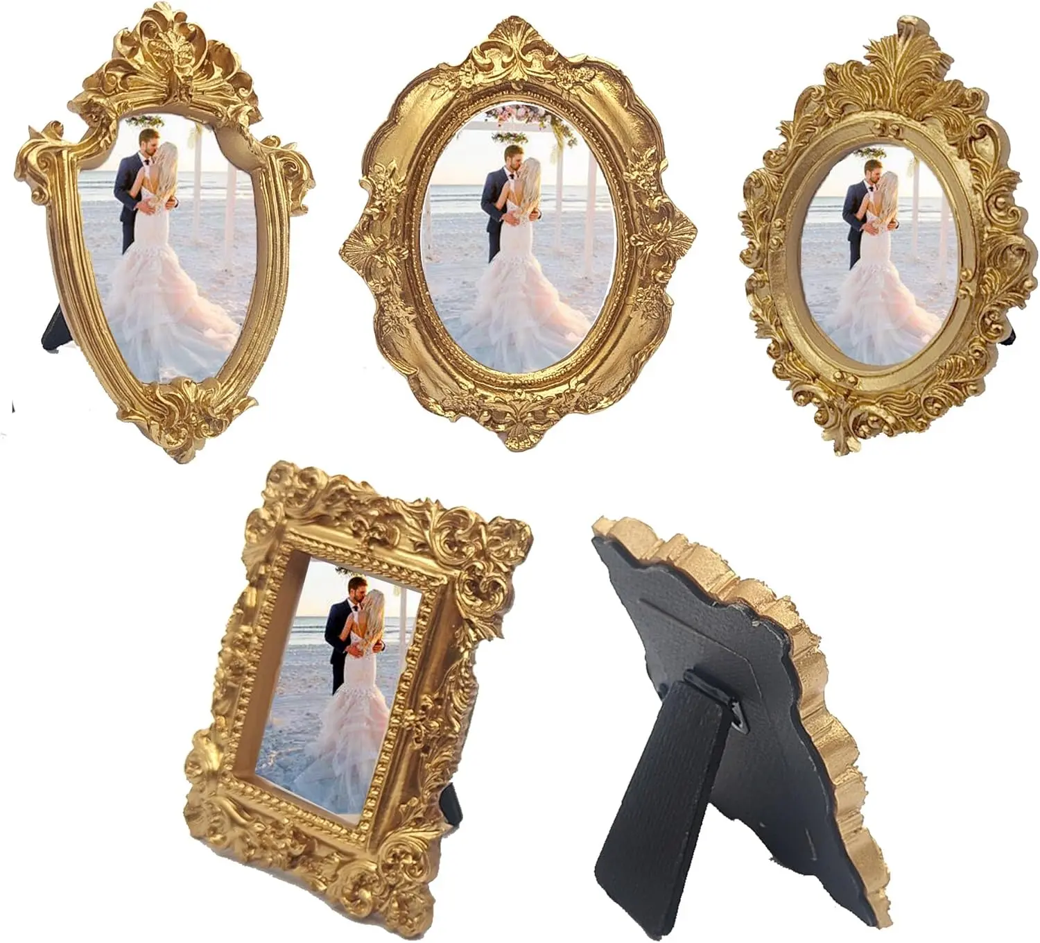 [Summervibes] 5 Pcs Mini Photo Frames Set,Gold Vintage Flower Oval Rectangle Baroque Frames,Table Top Frame for Holiday Decor,Halloween Christmas Party Gifts,Hand Tools Kits