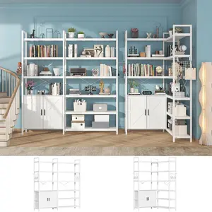 6 Tire Large White L Shaped Bookshelf & Corner Bookcase with Storage Cabinet and 2 Barn Doors and 10 Storage Shelves, 71.3" Tall Farmhouse Etagere L Shaped Book-Shelf with Metal Frame(White)