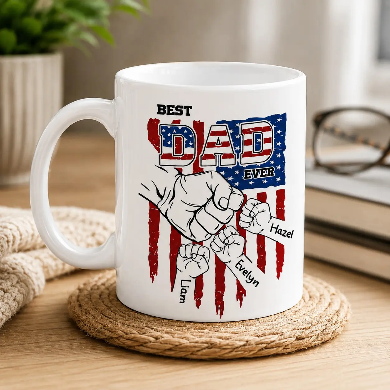 Custom Dad Fist Bump Mug with Kids Names, Personalized Papa Coffee Cup