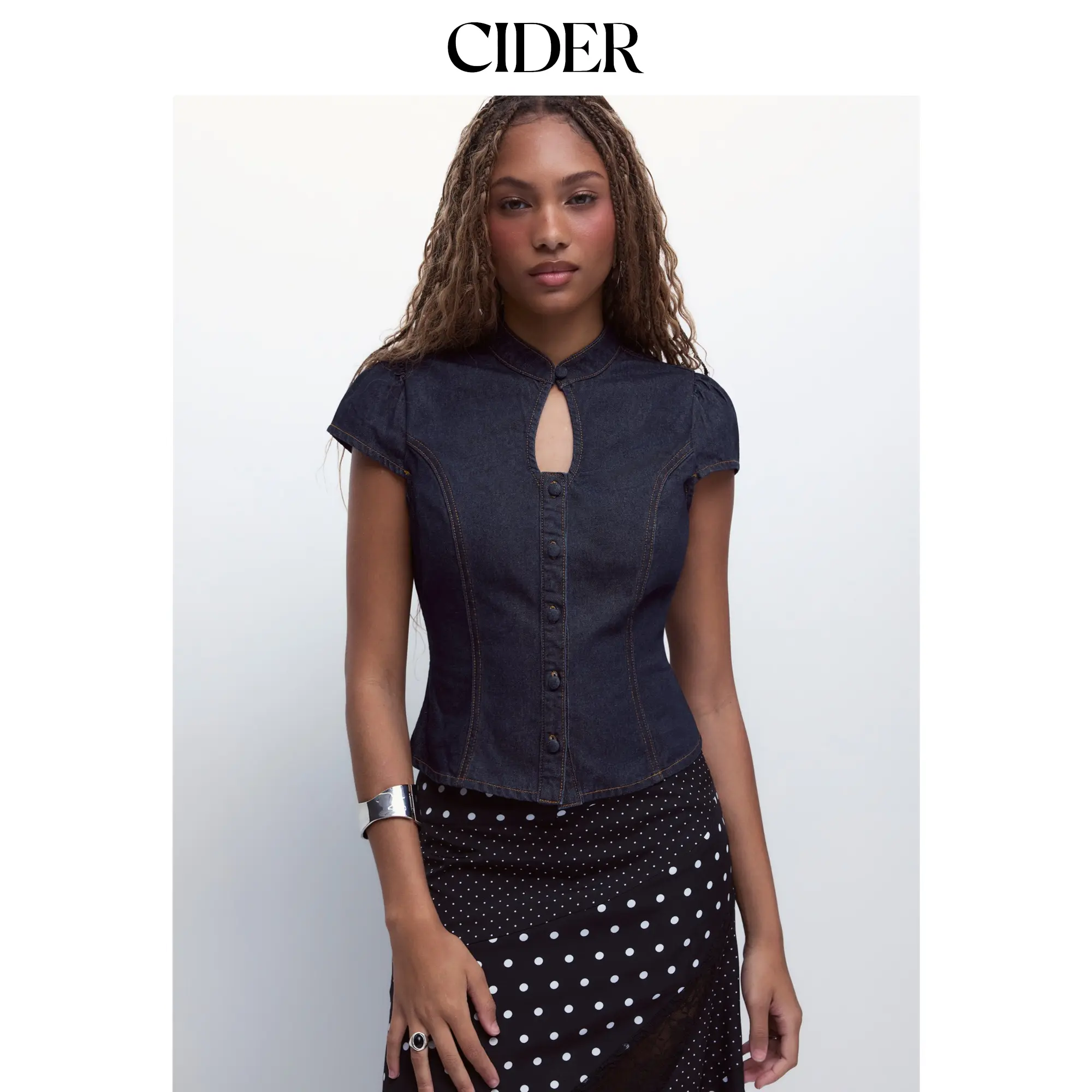 Cider Washed Denim Stand Collar Puff Sleeve Ruched Cut Out Blouse