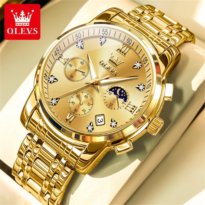 OLEVS Male Fashionable Waterproof Analog Quartz Watch - Luxury Stainless Steel, 20 - 22Mm, All-Gold, 24hr Chronograph, Roman Numerals, Luminescent Hands, 30M Waterproof, 24-hour Lunar Phase Dial, for Business Casual Outfits, Includes Batteries