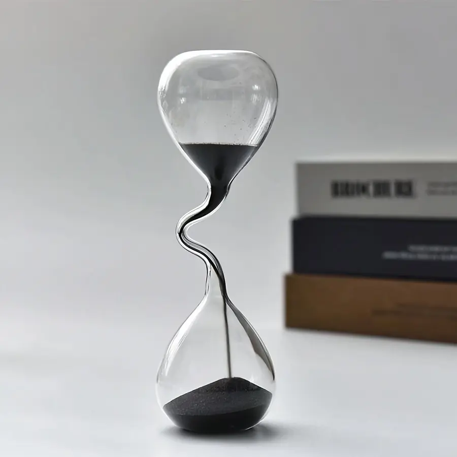 Black Sand Glass Hourglass Sculpture - Collectible Figurines, Decorative Statues, Modern Desk Decor, Electricity-Free, Indoor & Outdoor Decorative Item, Glass Timepiece for Living Room, Bedroom, Office, Decorative Sculptures, Home Decoration Collectible