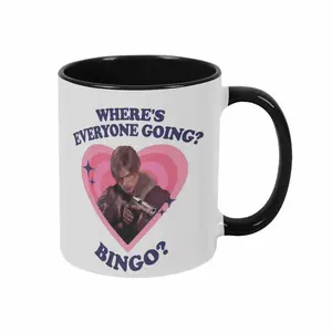 Funny Heart Design Mug (11oz/15oz) Retro Pink Love Pattern with Cool Character Holding Gun Quote Where’s Everyone Going Bingo?” Durable Ceramic Dishwasher Safe Perfect for Office Home Decor Coffee Lovers Birthday Gift Valentine Present