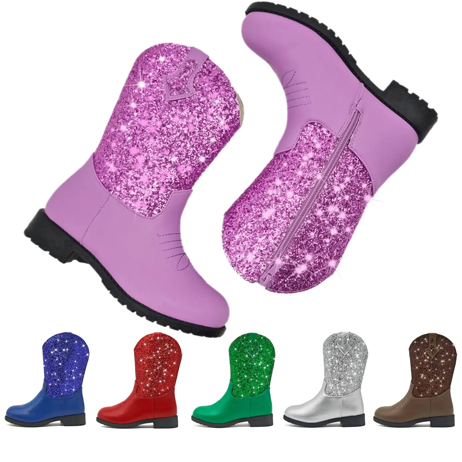 Sparkly Girls Cowgirl Boots Glitter Cowboy Dress Boots for Little to Big Kid Mid Calf Round Toe Birthday Horse Riding Pu Handles Celebrations, Shimmer Details, Sparkly Finish