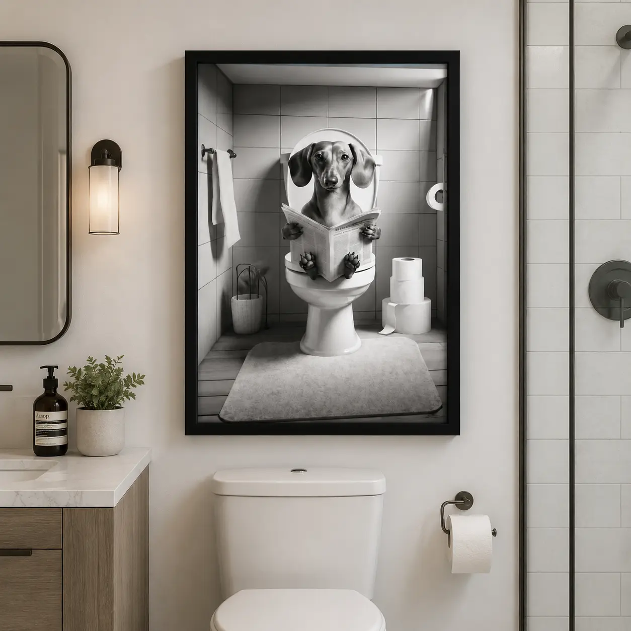 Funny Dachshund Wall Art | Dog in Toilet  Poster| Bathroom Decor & Pet Art