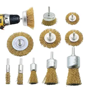 Wire Brush Wheel Cup Brush Set, Wire Brush for Drill 1/4 Inch Shank, Coarse Brass color Coated Crimped Wire Brushes for Cleaning Rust, Flakes and Abrasives Drill Attachment, Abrasive Removal