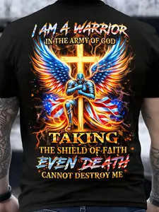 Men's Plus-Size Christian T-Shirt - Jesus Cross Print Cotton Y2K Streetwear Suitable for Church, Casual Wear & Faith Gifts, Machine Washable Round Neck Short Sleeve Top with Son of God - Holiday Gift Apparel for Church Outfits, PLUS SIZE