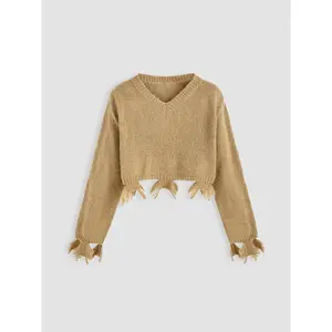 Cider [size 2-10] Round Neckline Solid Ripped Knitted Crop Sweater