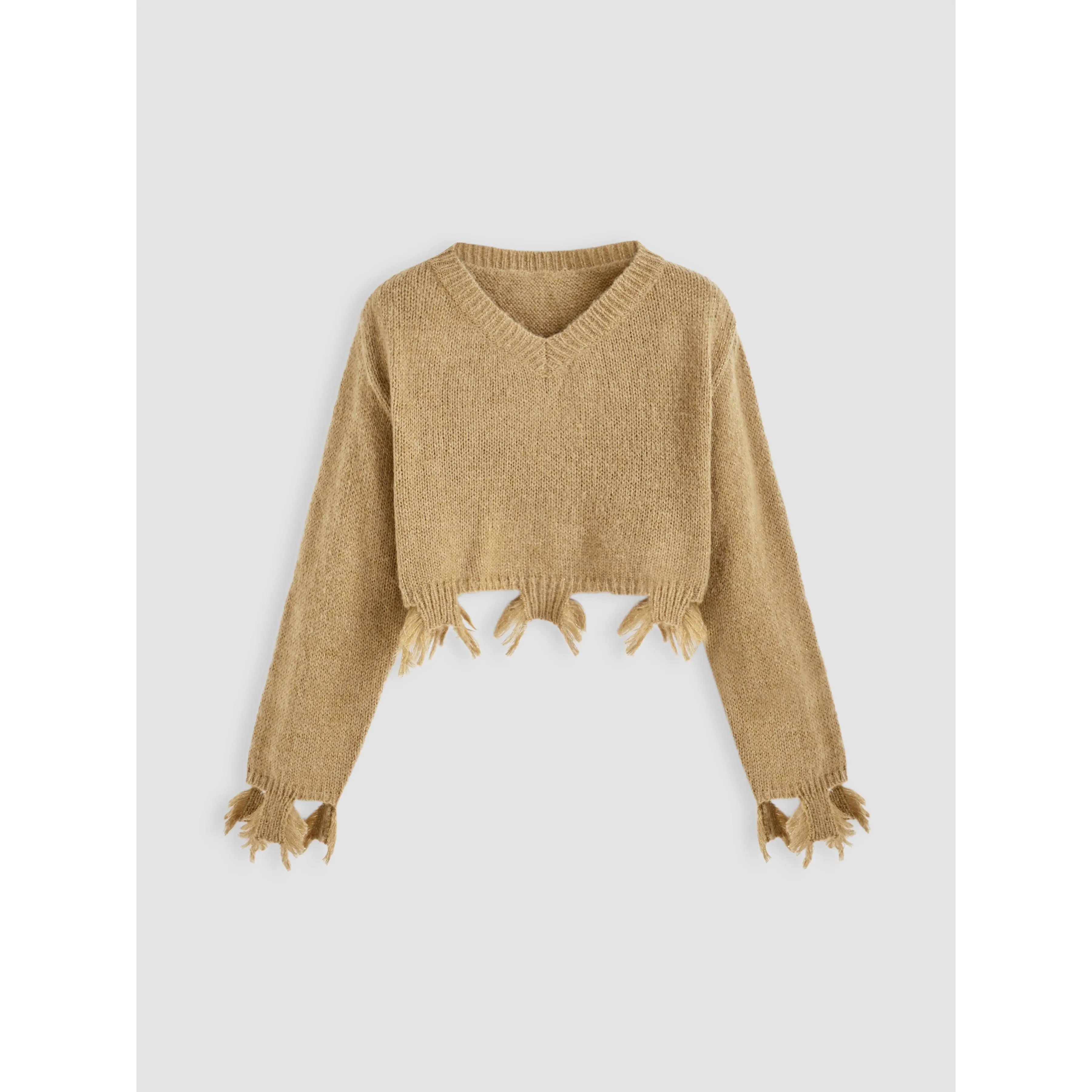Cider [size 2-10] Round Neckline Solid Ripped Knitted Crop Sweater