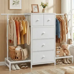 【Clothes Rod Cabinet 3in1】Double Rods Clothes Rack & 5 Storage Drawers, Garment rack Hanger & Shoe rack, Clothing Rack for Hanging Clothes Wardrobe Rack,Metal Garment Rack Sturdy Coat Rack for Bedroom Laundry Living Room,Silent fabric drawer,Easy Assemble