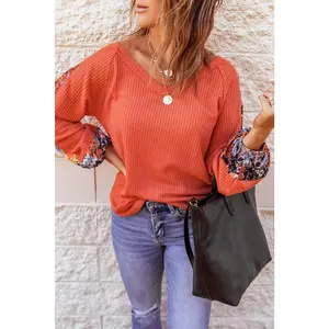 Orange Contrast Eyelet Thermal Knit Top