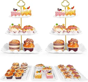 5 Pcs Dessert Table Display Set - 2 Pcs 3-Tier Dessert Display Stands & 3 Pcs Serving Tray - Dessert Trays Dessert Stands Treat Table Displays Set for Tea Parties,Birthdays & Baby Showers