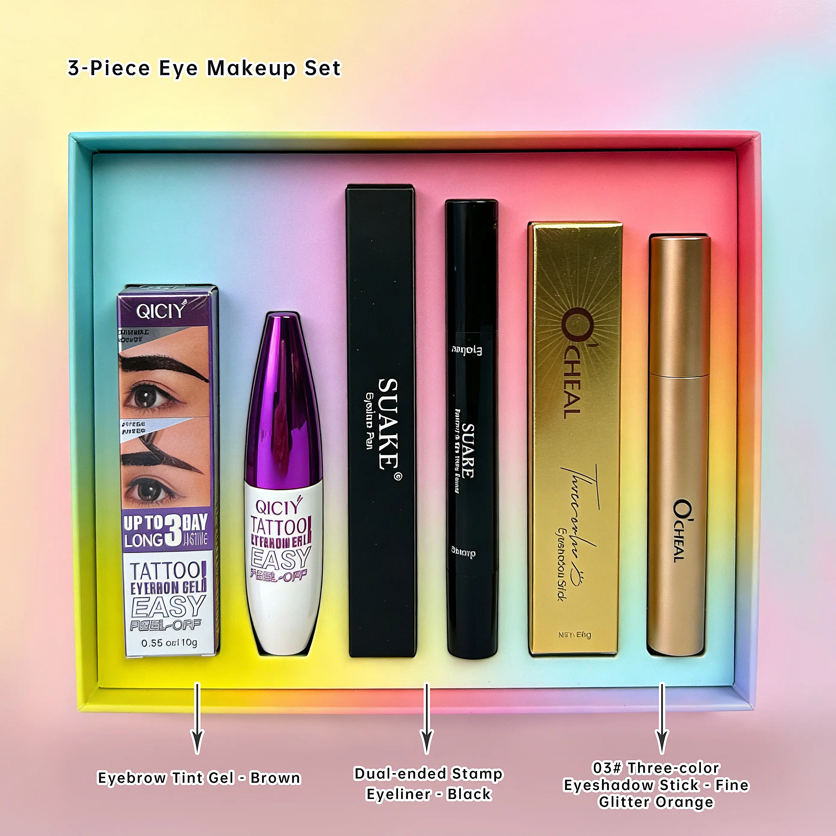 3 Piece Eye Makeup Set  Brow Mascara, 3-Color Eyeshadow & Dual-Ended Stamp Eyeliner Moisturizing Waterproof Lip Liner Angled Stroke Brow Stamp Brush Palette with Mascara Vegan Facial Strawberry Complexion Palette color valentine day gift