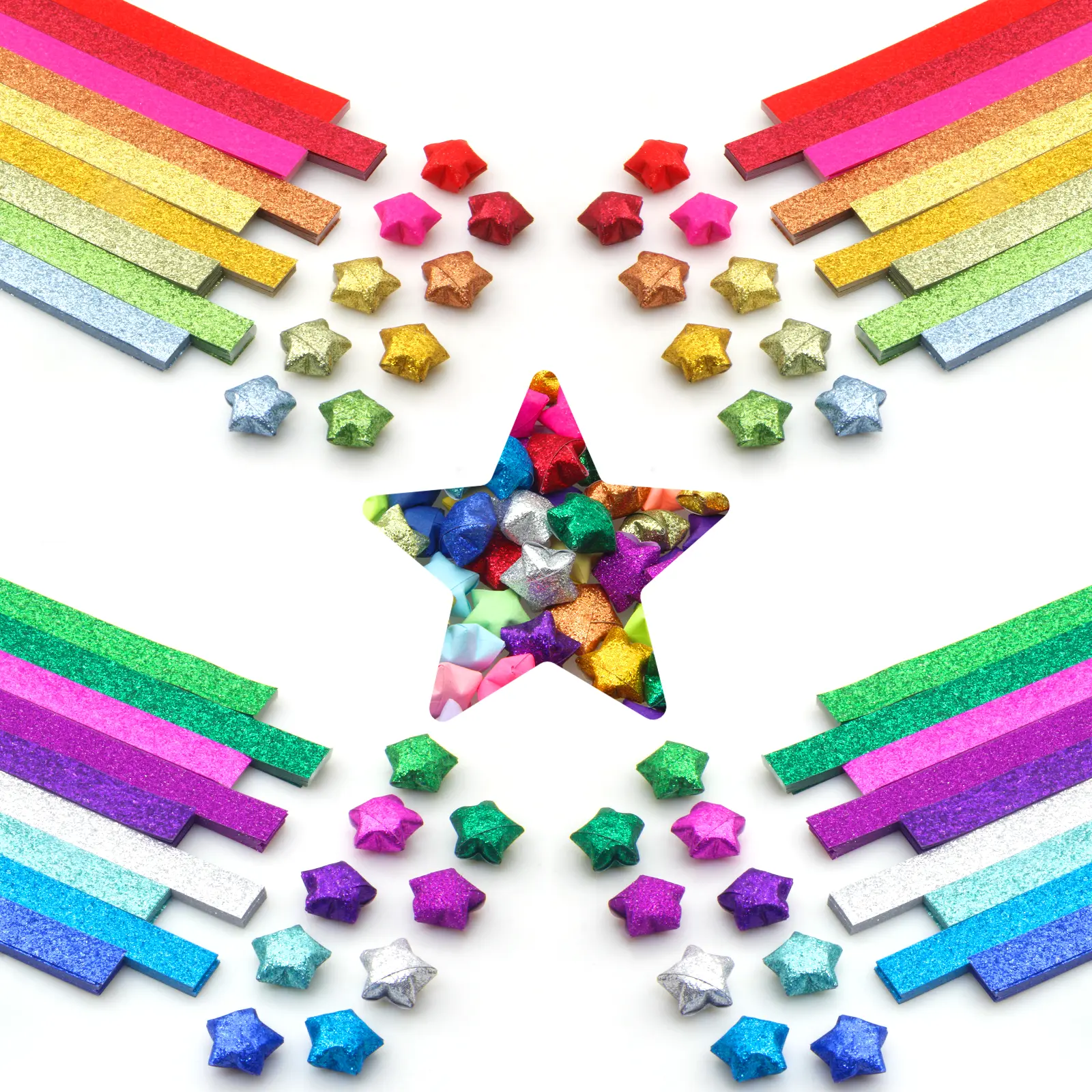 KIBBEH Glitter Origami Star Craft Paper Strips, 18 Distinct Colors, 720 Sheets 1 cm Wide × 24 cm Long Handmade Paper for DIY Stress Relief, Decoration, Scrapbooking Ideas, House Decoration, Holiday Gift Wrapping (Colorful Stars Brighten Empty Jars)