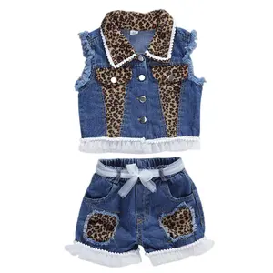 2pcs Toddler Baby Girl Short Pants Set Sleeveless Leopard Patchwork Vest Tops Ripped Denim Shorts Kids Casual Summer Denim Outfits#Springtok