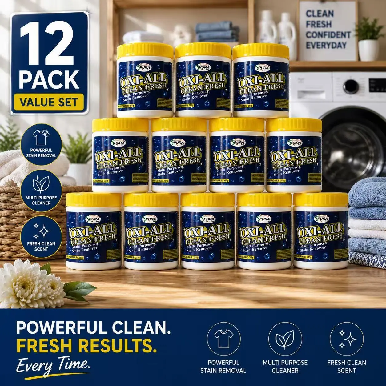 PURA OXI-ALL Multi Purpose Stain Remover Powder 6 Pack Value Set, Powerful All-Round Household Cleaner With Fresh Clean Scent