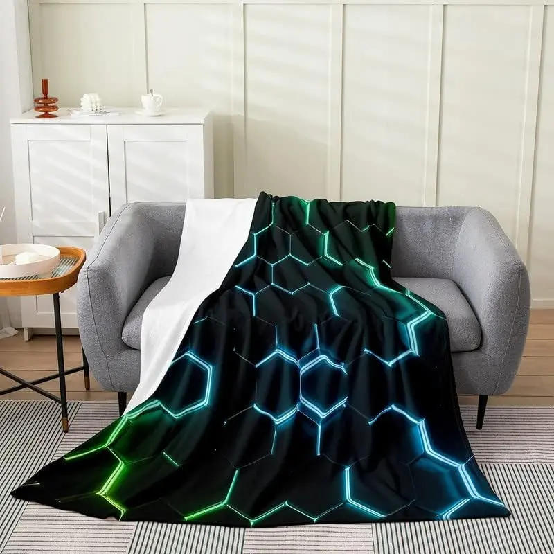 Feelyou Honeycomb Flannel Fleece Throw Blanket, Cozy Soft Lightweight Plush All-Season Hexagonal Green Blue Black Geometrical Beehive Warm Napping Bed Blanket, 50"Lx60"W, Cozy Throw Blanket