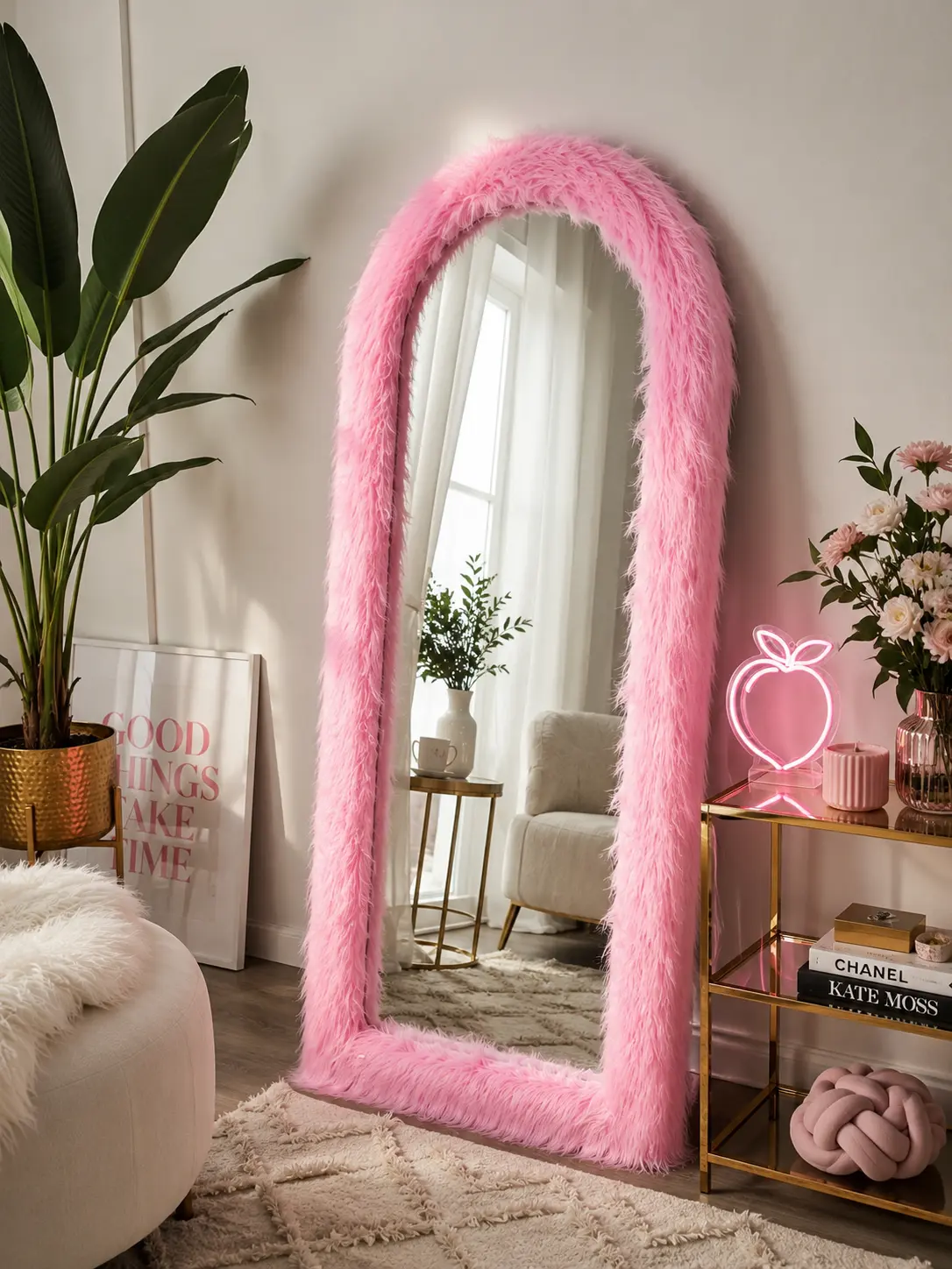 HESSENCE HOUSE Luxury Furry Full Length Mirror, 66"x26" Full Body Floor Mirror, Standing Hanging or Leaning Wall Mirror, Arched/Rectangle Full-Length Mirror with Plush Faux Fur Frame & HD Explosion-Proof Glass, Bedroom Cloakroom Decor, Pink/Black