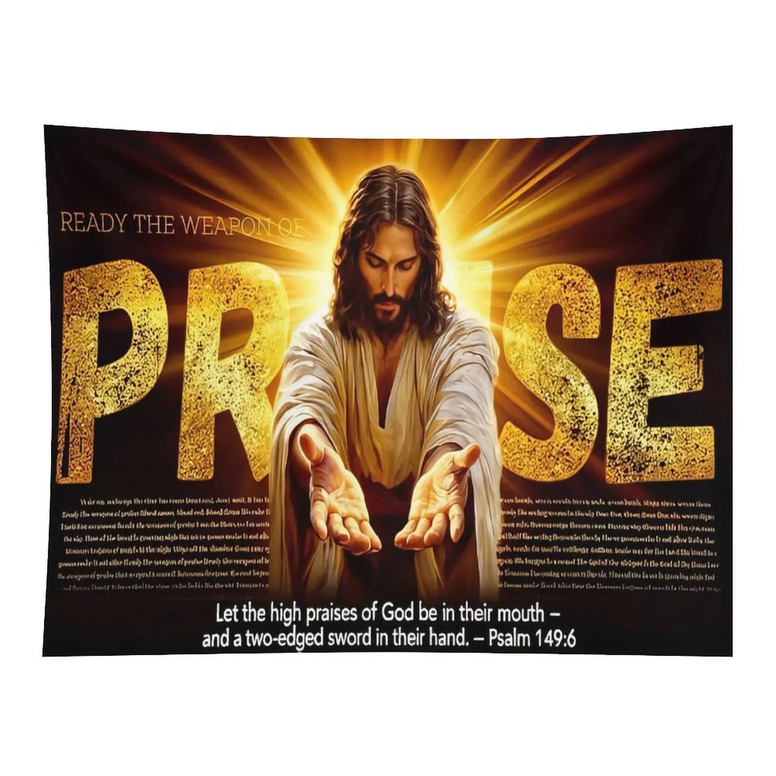 Golden Radiant Jesus Praise Psalm 149:6 Christian Faith Wall Tapestry Wall Hanging, Religious Bible Verse Two Edged Sword Inspirational Decor for Church Prayer Room Backdrop