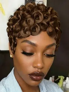 Pixie Premium Human Hair Pixie Cut Wig, Short Curly Wavy Wig with Bangs, Natural, Rose Net Cap, Elegant Style for Women