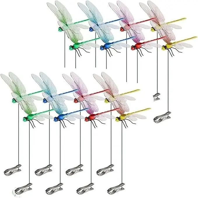 12 Pcs Outdoor Dragonfly Rod-Clip, Garden Metal bug repellent, 3D Dragonfly Garden Decoration, Natural