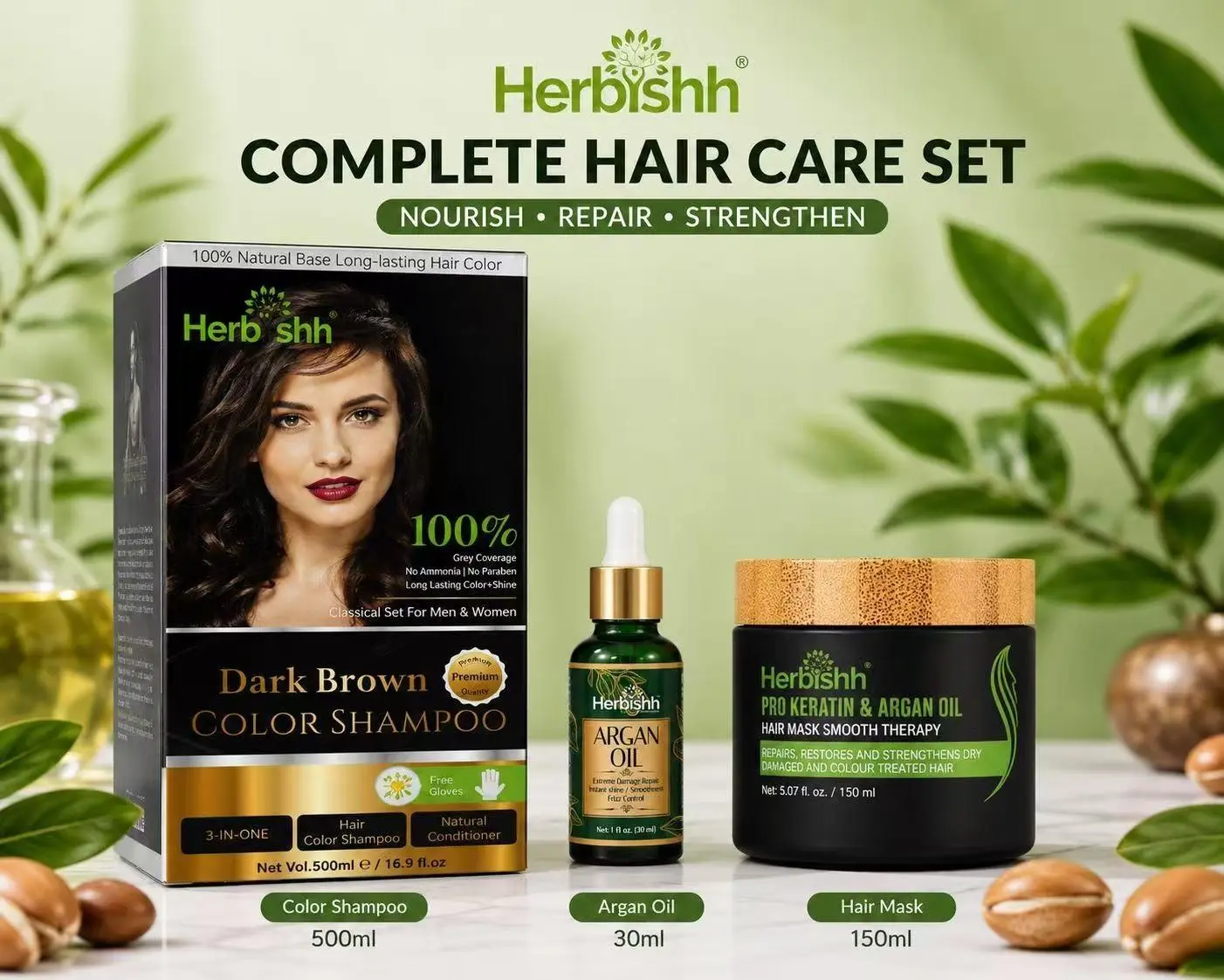 Men & Women's 3-Piece Hair Care Set - Dark Brown Shampoo, Argan Oil, Pro Keratin Hair Mask Cleansing Conditioner, Three Pieces