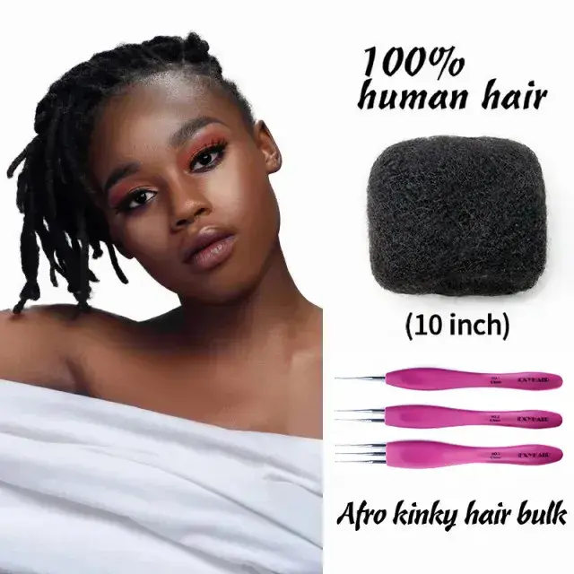 EXYHAIR Afro Kinky Bulk Human Hair Extensions, 10 Inch Premium Kinky Curly Hair Bundles for Dreadlocks & Twisting, Unisex Natural Black with Crochet Hook, Premium Human Hair, Bulk Pack