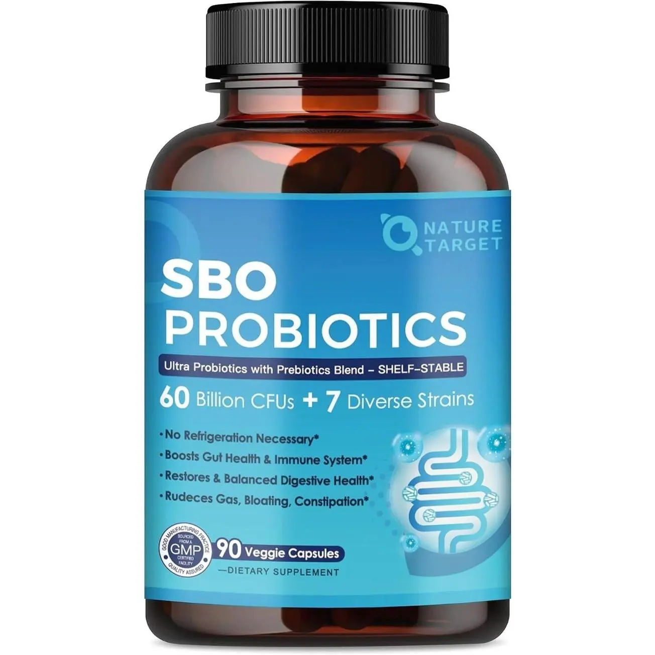 NATURE TARGET Probiotics for Women & Men, 60 Billion CFU, Prebiotics and Probiotic for Gut Health - SBO Probiotics Supports Digestive, Constipation, Diarrhea, Gas & Bloating, 90 Veggie Capsules
