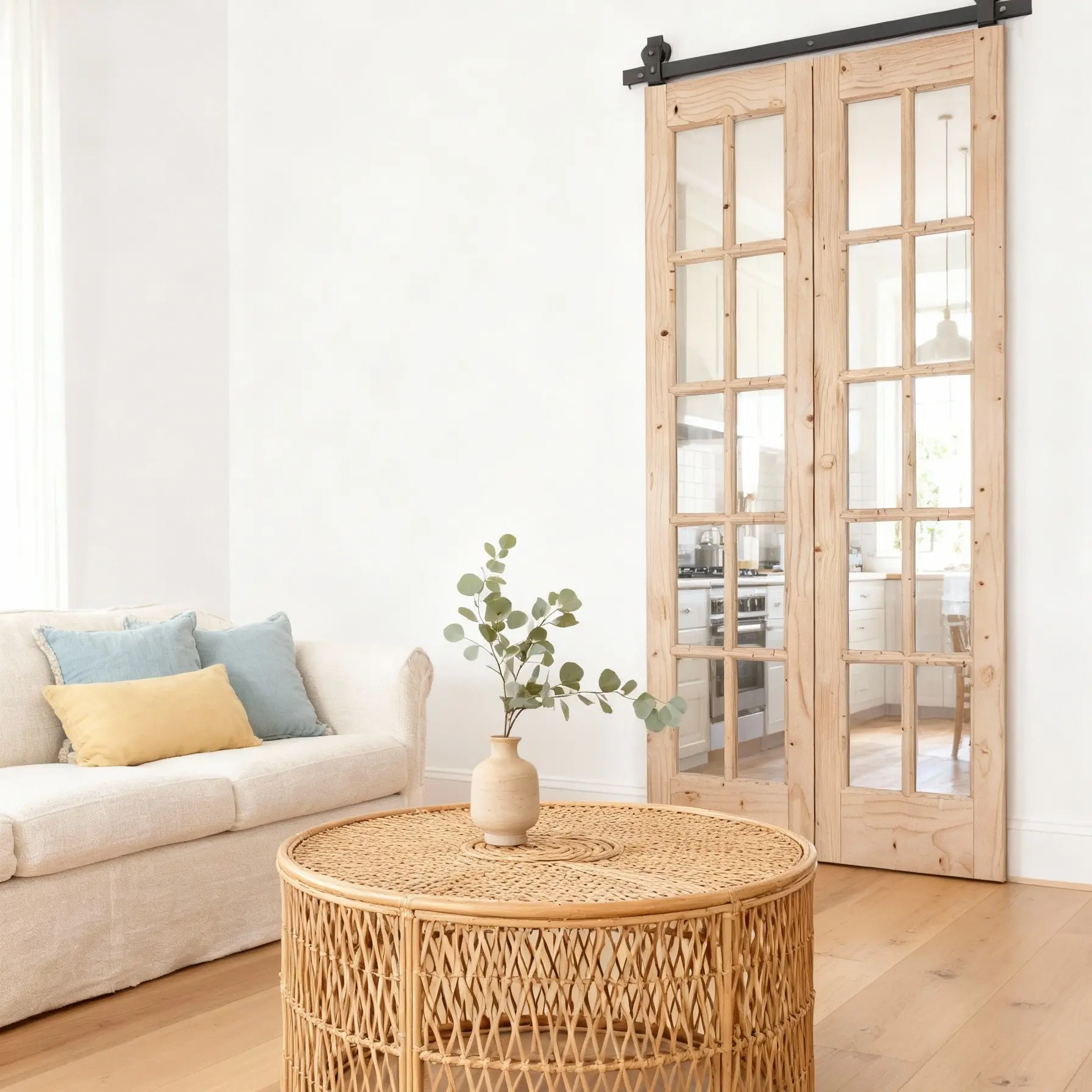 Easelife Sliding French Glass Door with Glass Panels - Natural Wooden Exterior Mount, for Farmhouse & Transitional Interiors, Hardware Kit Included Elegant Entryway Storage Closet, French Doors