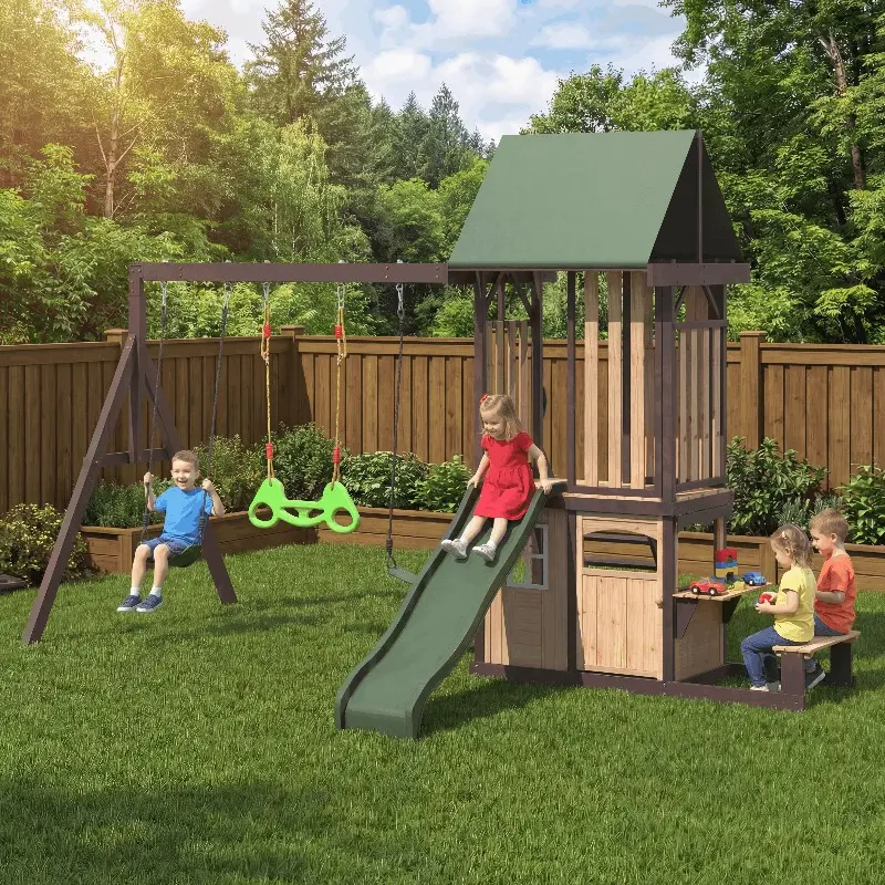 Swing Sets for Backyard, Kids Outdoor Play Equipment with Wave Slide & Belt Swings, Playground Sets for Backyards, Kids Outdoor Furniture for Toddlers & Children