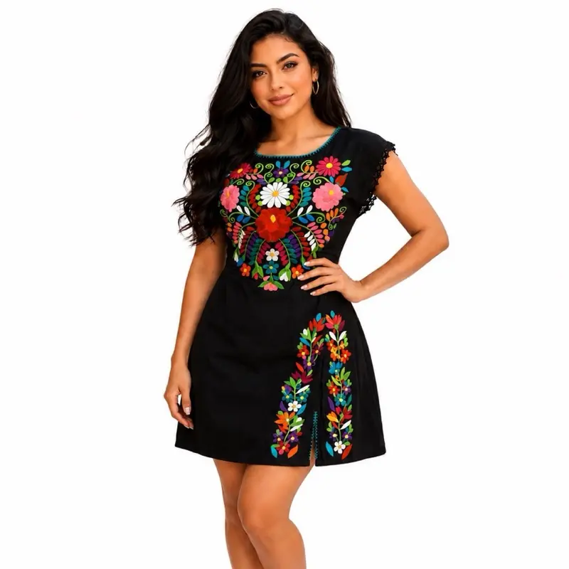 Miny Women's Summer Dress - Short Embroidered Floral Mexican Dress with Adjustable Straps Vestido Bordado Corto Cotton Dress