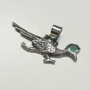 Sterling Roadrunner With Green Stone Pendant Charm - Elegant Silver Bird Design for Jewelry Lovers