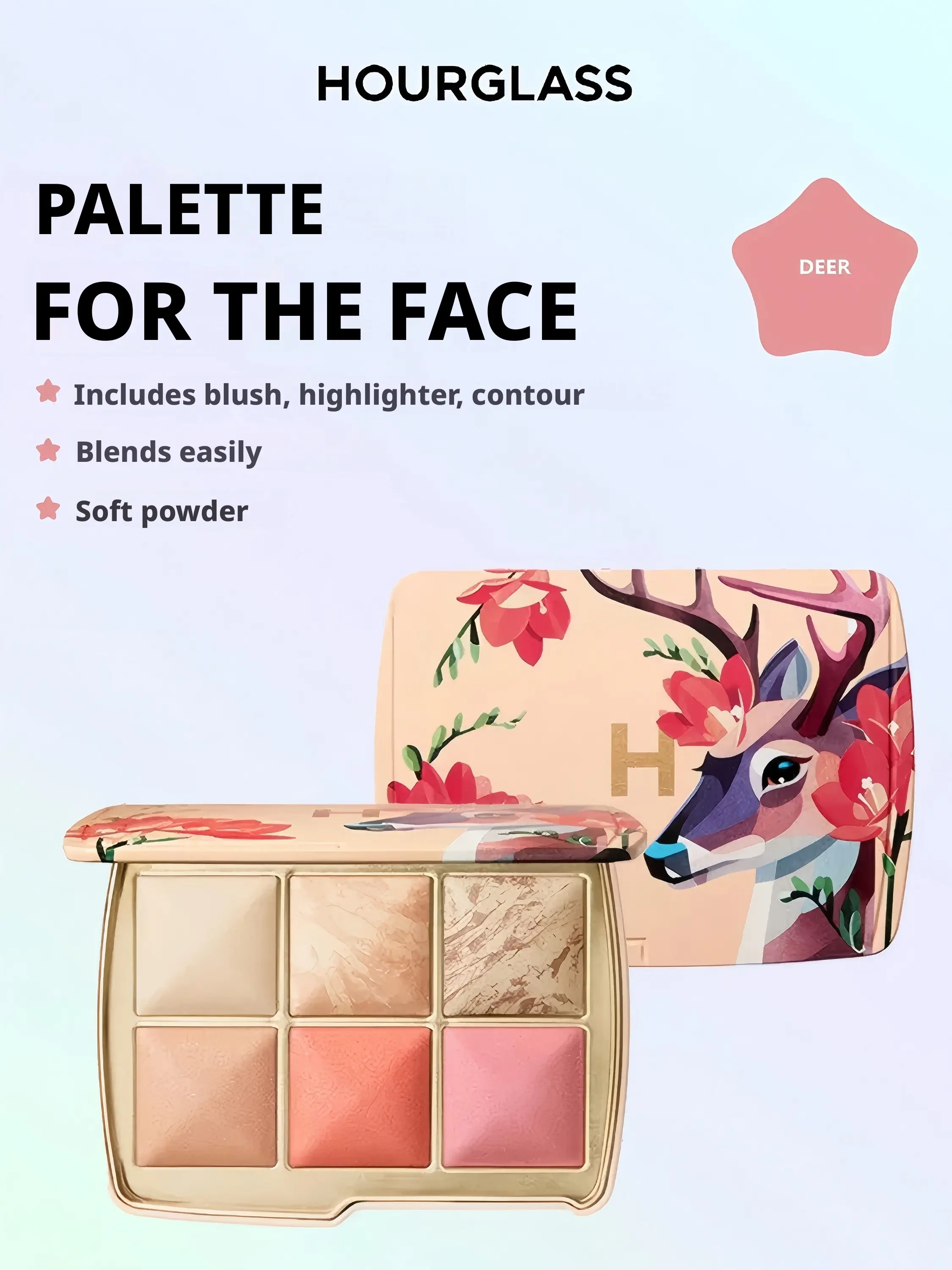 Deer Edition Hourglass Face Palette - Soft Powder Makeup Set with Blush, Highlighter, Contour