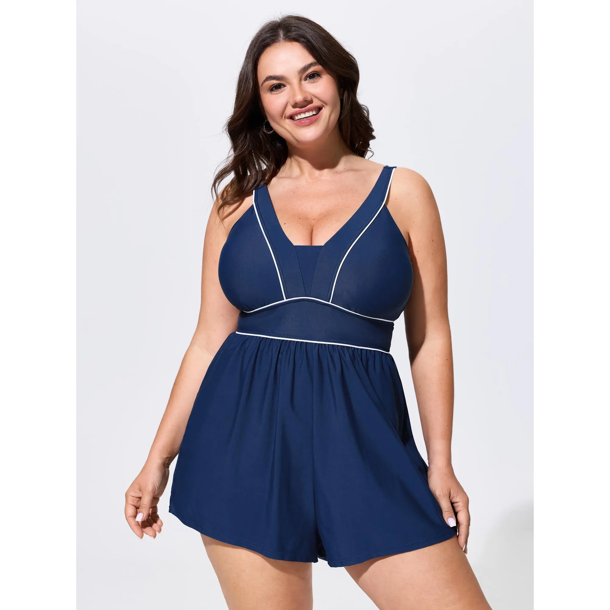 BloomChic Women's Plus Size Colorblock Swim Romper Swimsuit for Women - Tunic-Style Beachproof Curvy-Friendly Full Coverage, Cinch Waist, Adjustable Straps, Side Pockets, UPF 50 Sun Protection, Nylon Blend, Machine Washable Cold Wash, Hip-Flattering, Beac