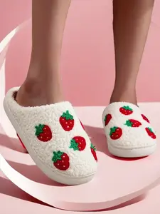 Cute Strawberry Embroidered Plush Slippers, Comfortable Indoor Home Shoes, Fashionable Gift Choice for Men & Women, All Seasons Wear, Footwear
