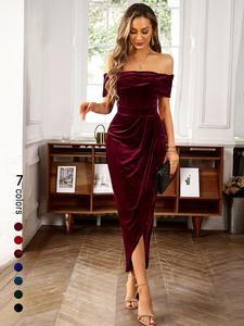 women's solid color ruched dress, elegant off the shoulder dress for party dating wear, ladies clothes for all seasons, formal wear