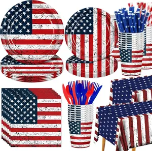 194Pcs Vintage Patriotic Party Supplies Set – American Flag Dinnerware with 9" & 7" Plates, Cutlery, Napkins, Cups, and 2 USA Flag Tablecloths – 4th of July, Memorial Day, Birthday & BBQ Decorations