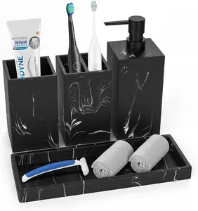 4PCS Bathroom Accessory Set, Black Marble Bathroom Vanity Accessory Set with Toothbrush & Toothpaste Holder, Tumbler, 17 Oz Soap Dispenser and Tray