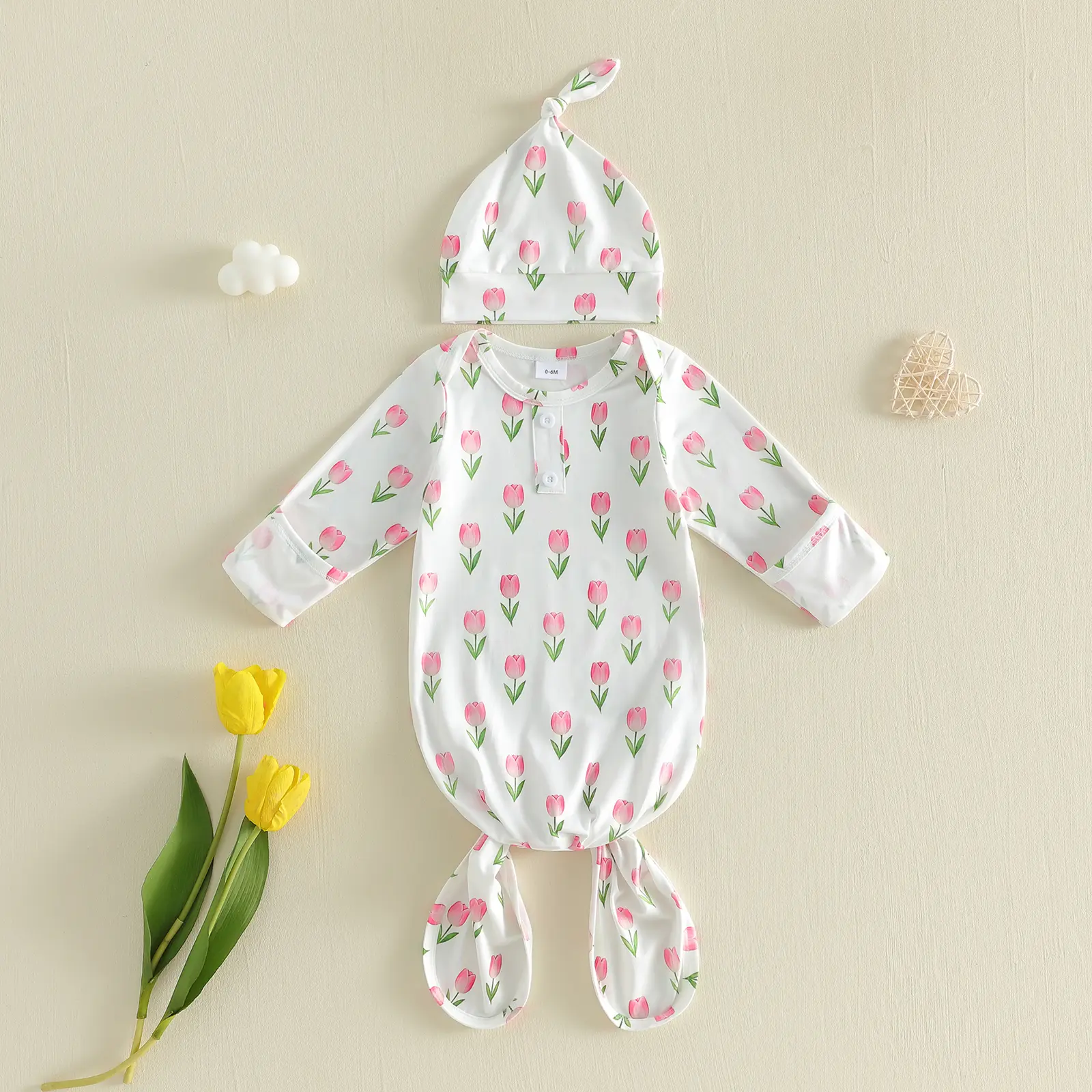 Newborn Baby Girl 0-6 Months Long Sleeve Loose-Fitting Full Length Tulip Print Knotted Sleeper Gown with Matching Hat, Coming Home Outfit
