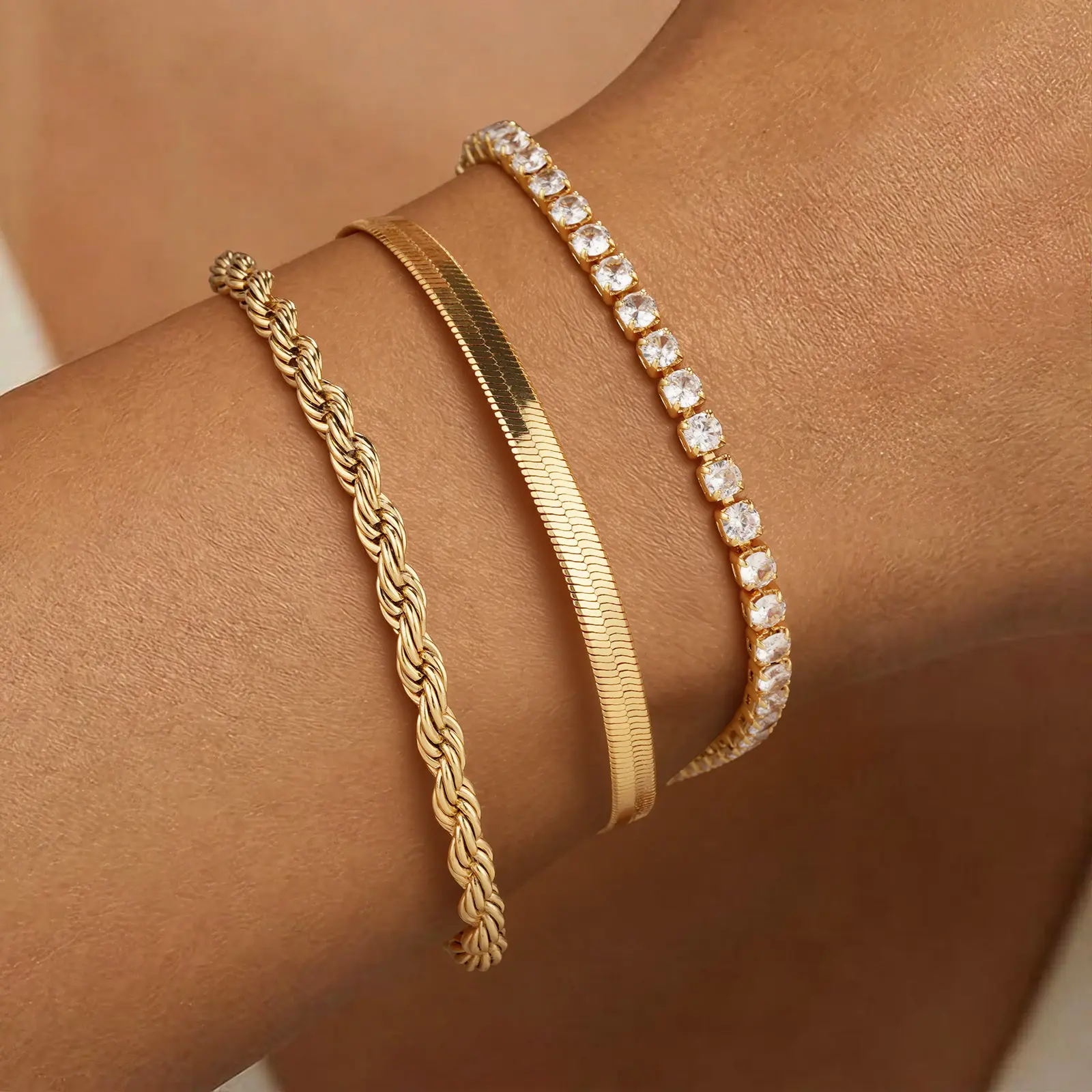 Turandoss Women's 14 Karat Gold Plated 3-Piece Fashion Wrist Jewelry Set - Golden Tone Cubic Zirconia Chain Link Adjustable Stacking Bracelets, Summer Gift for Her