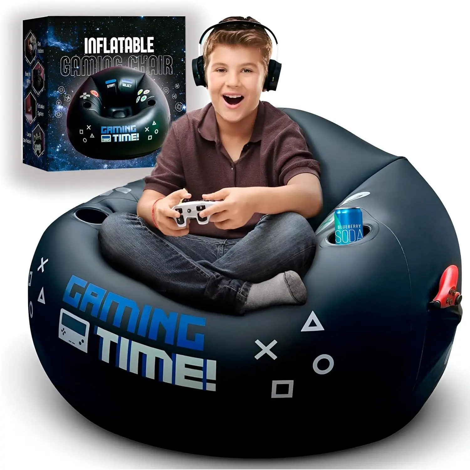 Inflatable Gaming Chair for Kids & Teens with Cup Holders and Side Pocket -This Air Gaming Bean Bag Chairs for  is The Perfect Furniture for Gamer Room Decor Perfect Gaming Stuff for Boys 4-12 cozy  corner living room furniture bean bag chair cloud couch