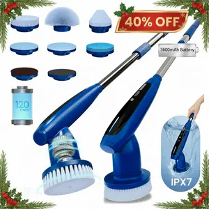 8-in-1 Electric Spin Scrubber, IPX7 Fully Waterproof Cordless Power Cleaning Brush with LED Display, 2 Speed Settings, Extension Handle for Bathroom, Tubs, Shower, Kitchen, Tile, Sinks, Car, Floor