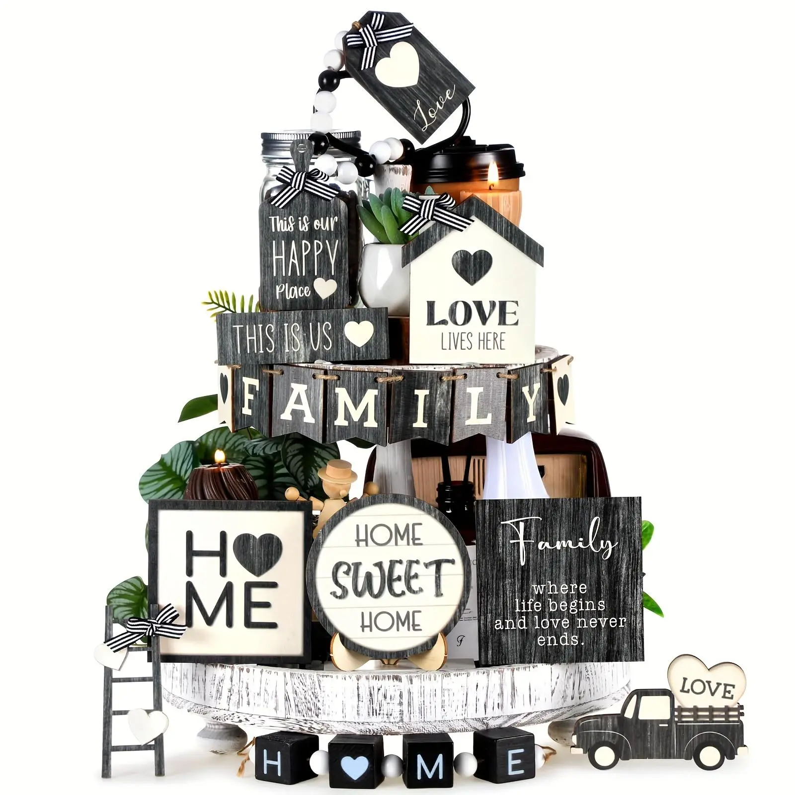 Farmhouse Tiered Tray Decor, 17pcs/set Wooden Home Decor Sign, Rustic Home Sweet Home Decor for Kitchen, Living Room, Bedroom, Office, Rustic Farmhouse Design