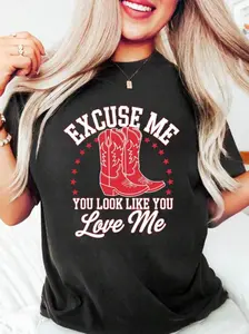 Excuse Me You Look Like You Love Me T-Shirt, Women's Letter & Cowboy Shoes Print Round Neck Tee, Graphic Tees, Ladies Summer Outfits, Western Tops