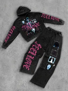 Cyber Y2K Skeleton X-Ray Graphic Matching Set | Acid Wash Gothic Pink Lettering Oversized Hoodie & Wide Leg Sweatpants | Urban Alt Grunge Aesthetic Tracksuit for Street Photography