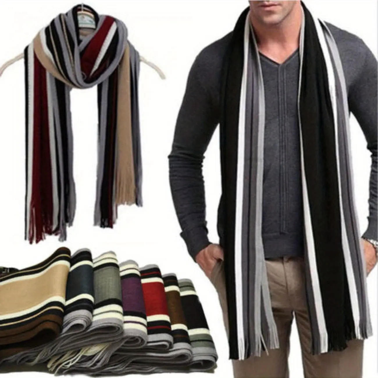 Men Autumn/Winter Casual Wrap Vertical Stripe Muffler Color Contrast Long Knit Scarf