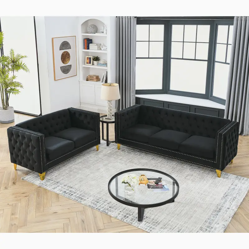 5-Piece Black Velvet Cushion Elegant Assembled Sofa Set - 3-Seater + 2-Seater Couch, Indoor Living Room Furniture, Apartment Furniture for Home Decor